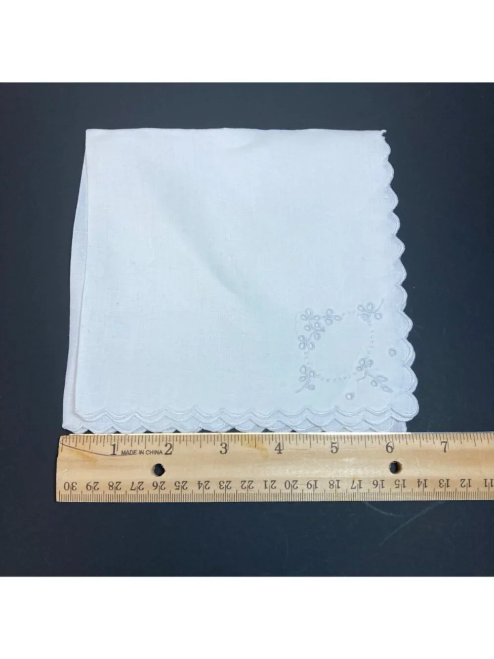 Vintage Linen Napkins White Embroidered Square 6.5 inches Flaws some Yellowing